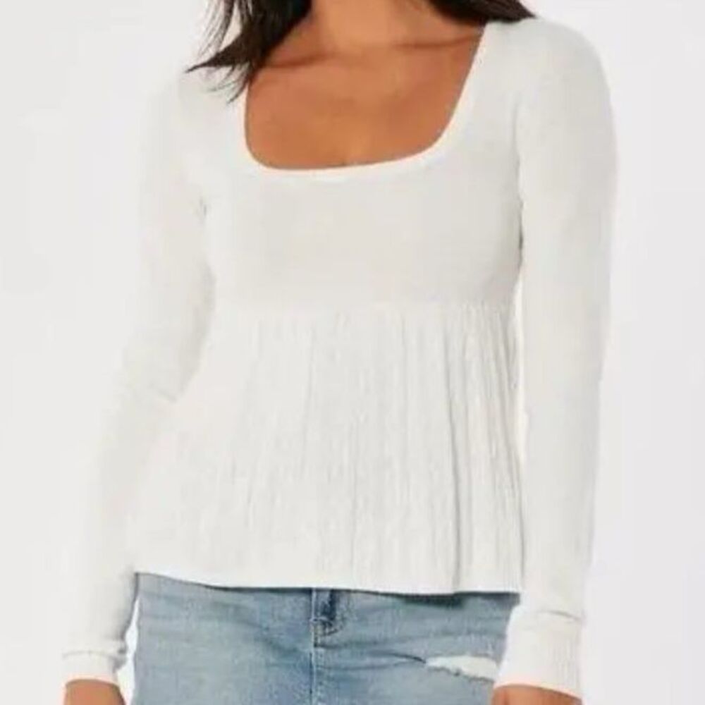 NWT Hollister White Coquette Cable Knit Square Neck Babydoll Sweater Top L
